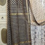 Maheshwari Silk -Handblock Printed Saree - Black & white with golden border